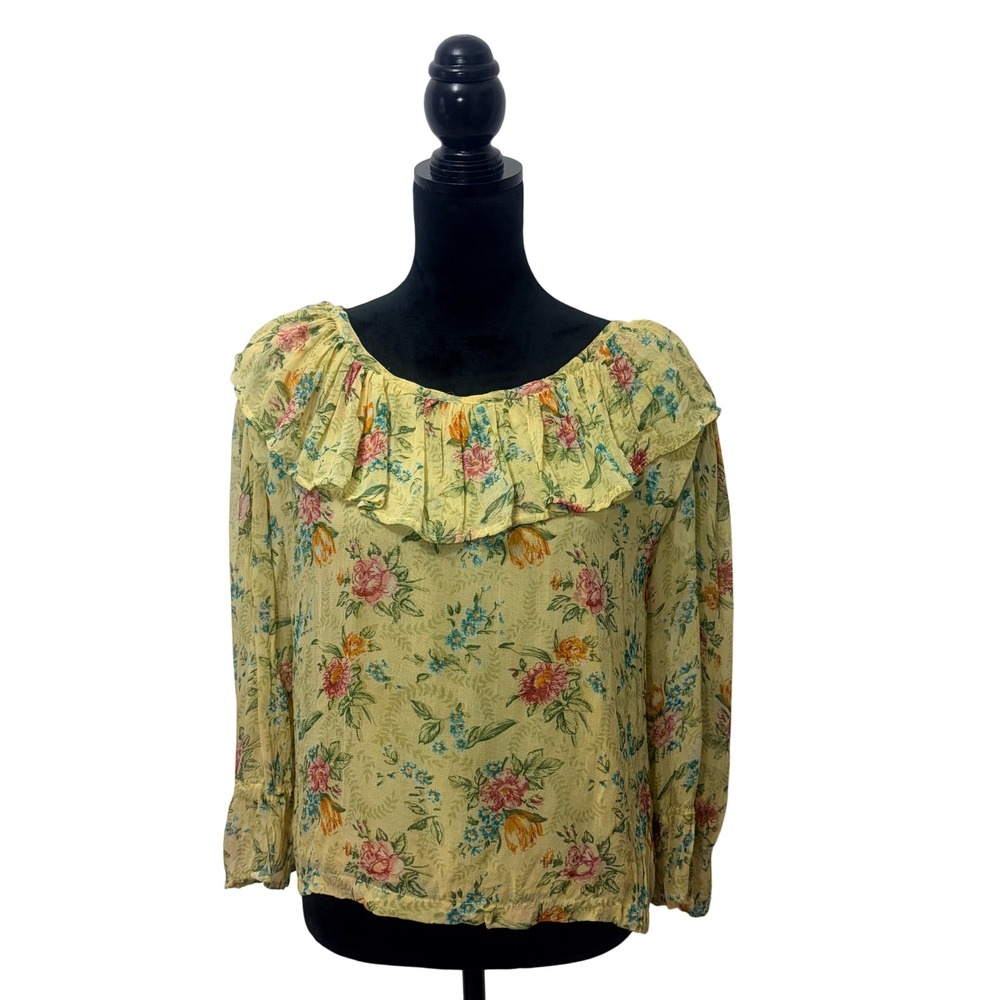 Vintage Passports of Pier 1 Imports Women's S Yellow Floral Ruffle Neck Blouse